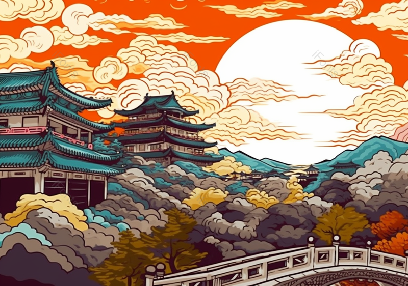 中国风主题古代宫殿云月风景手绘插画,插画/手绘图,插画/手绘图库,插画/手绘图下载,插画/手绘